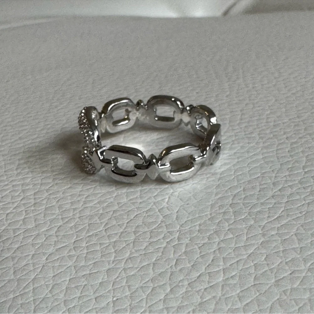 Silver Pave Link Ring Hollow Chain style Adjustable Sparkling Ring New